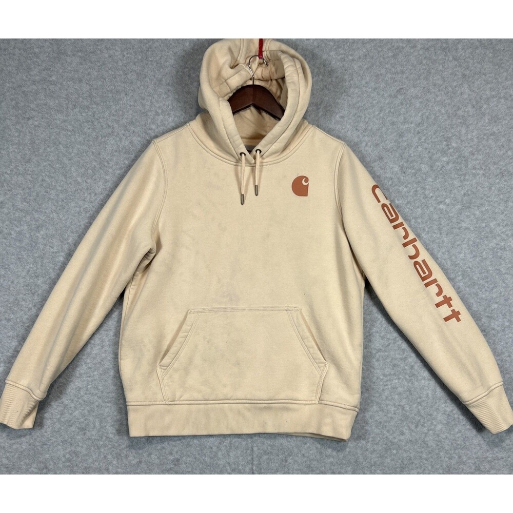 Carhartt Womens Relaxed Fit Midweight Logo Sleeve Hoodie 102791 M Cream Peach